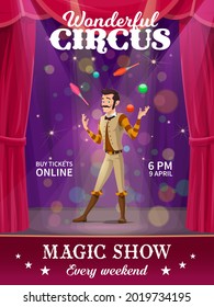 Cartoon juggler character. Shapito circus vector poster, funfair carnival show. Circus performer juggling pins and balls on stage in spotlight, entertainment fun theater show poster