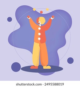 Cartoon juggler performing at circus show. Circus performer character on arena flat vector illustration. Comedy, circus, entertainment concept for banner or poster