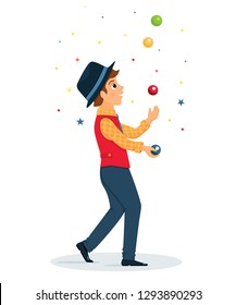 Cartoon juggler performs a circus trick.Juggler with balls.Circus performer.Vector illustration. Cartoon flat style.