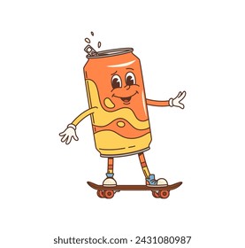 Bebida de jugo de dibujos animados puede ser un carácter estupendo. Vector aislado vibrante, animado retro botella de aluminio personage con salpicadura y un patrón de teñido de corbata, monta una patineta con estilo funky y una sonrisa alegre