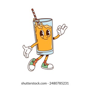 Jugo de dibujos animados de vidrio retro magnífico personaje de desayuno con una cara sonriente, una paja y haciendo un signo de ok con una mano. Vaso de Vector aislado de la bebida que lleva zapatos y se ve refrescante y enérgico