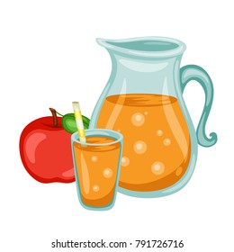 Cartoon Juice in Jar and Glass with Ripe and Fruits Isolated on White Background. Healthy and Delicious Organic Nutrition. Vector Cartoon Illustration