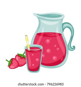 Cartoon Juice in Jar and Glass with Ripe and Fruits Isolated on White Background. Healthy and Delicious Organic Nutrition. Vector Cartoon Illustration
