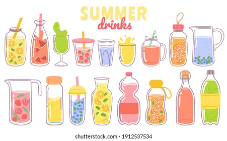 Cartoon juice and lemonade. Refreshing summer drinks with lemon in glass, bottle or jug. Fruit or berry beverages and cocktails vector set. Cup with straw, citrus and mint leaves isolated