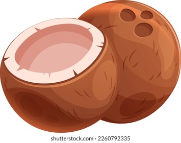 Cartoon juicy coconut, two coconuts whole and half on transparent background