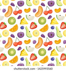 Cartoon juicy fruits vector pattern. Sweet summer farm background. Slice of fruits seamless.