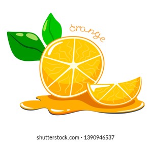 Cartoon and juicy orange with an orange slice in the juice. Vector and bright isolate on white background