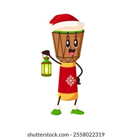 Cartoon jumbo drum character in Santa hat and sweater holding glowing lantern. Vector African tribal festive musical instrument celebrates Christmas winter holiday, emphasizes music and joyful spirit