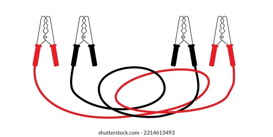 Cartoon jumper cable or jumper lead for car. Booster cable icon. Plus and minus poles. Empty battery and charge the cars. Battery jumper power cables. Jump start vehicle cable. Charging battery sign.