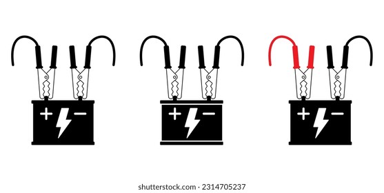 Cartoon jumper cable or jumper lead for car. Booster cable icon. Plus and minus poles. Empty battery and charge the cars. Battery jumper power cables. Jump start vehicle cable. Charging battery sign. svg