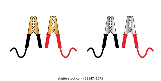 Cartoon jumper cable or jumper lead for car. Booster cable icon. Plus and minus poles. Empty battery and charge the cars. Battery jumper power cables. Jump start vehicle cable. Charging battery sign. svg