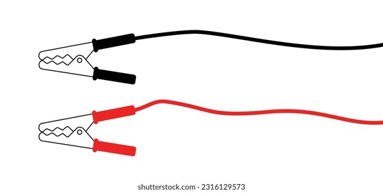 Cartoon jumper cable or jumper lead for car. Booster cable icon. Plus and minus poles. Empty battery and charge the cars. Battery jumper power cables. Jump start vehicle cable. Charging battery sign.