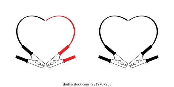 Cartoon jumper cable or jumper lead for car. Booster cable. Plus and minus poles. Battery and charge with love, heart icon. Battery jumper power cables. Jump start vehicle cable. Charging battery sign svg