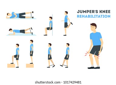 Cartoon Jumper Knee Rehabilitation Exercise Card Poster Training and Health Care Concept Flat Design Style. Vector illustration of Gymnastic