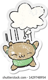 caricatura saltando oso con burbuja de pensamiento como pegatina desgastada angustiada