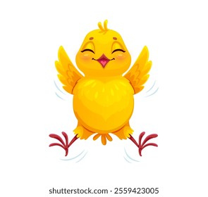 Cartoon jumping and flying chick cute character. Farm baby chicken funny personage, spring newborn hen bird or Easter holiday tiny chick animal cheerful vector mascot. Farm chicken cute character