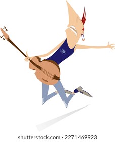 Cartoon jumping guitar player. 
Funny guitarist with electric guitar isolated on white illustration
