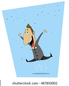 Cartoon jumping with happiness man. Good luck, happiness, luck, success concept illustration. Vector