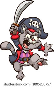 Cartoon jumping pirate cat with sword. Vector clip art illustration. All on a single layer.
