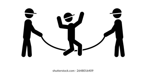 Cartoon jumping rope. stick figure man jumping around a rope. Happy kids play jump rope. Kid and skipping rope. Cardio workout, kids game or sports activity. Boys and girls jumping on ropes.