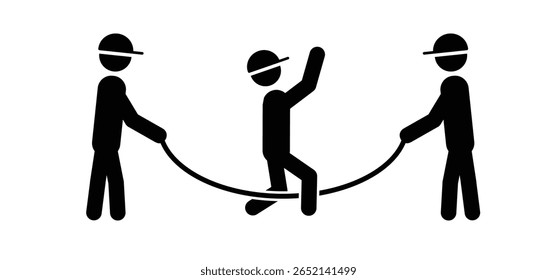 Cartoon pulando corda. homem figura de pau pulando em torno de uma corda. Crianças felizes brincam de pular corda. Garoto e pular corda. Exercício de cardiograma, jogos para crianças ou atividades esportivas. Meninos e meninas pulando em cordas.