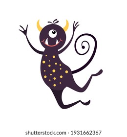 Cartoon jumping smiling monster isolated on white. Funny fantasy creature. Design for print, party decoration,  illustration,  sticker. 