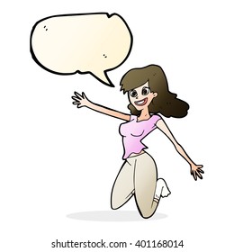 cartoon jumping woman with speech bubble