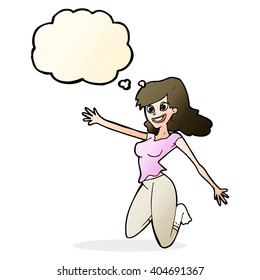 cartoon jumping woman with thought bubble