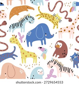 Cartoon animais de selva padrão sem costura. Fundo de vetor infantil com animais africanos e da selva
