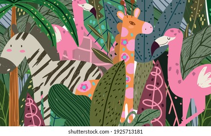 cartoon jungle animals cartoon abstract flamingo giraffe and zebra vector illustration