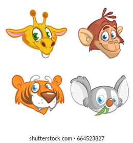 Cartoon jungle animals head set. Vector set of wild animals including giraffe, chimpanzee monkey, tiger and koala bear. Illustrations isolated on white. Design elements for print, logo
