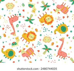 cartoon Jungle animals tribal ethnic repeated seamless pattern for babies kids toddler clothing apparel vector illustration artwork