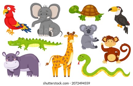 Cartoon jungle animals, wild african animal characters. Cute monkey, giraffe, elephant, toucan, zebra, koala, savannah wildlife vector set. Childish tropical creatures with smiley faces