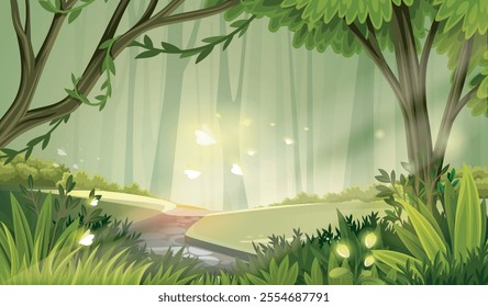 Cartoon jungle background. Fantastic and mystical forest and edge. Summer woods and green grass. Adventure and imagination. Landscape and natural panorama. Flat vector illustration