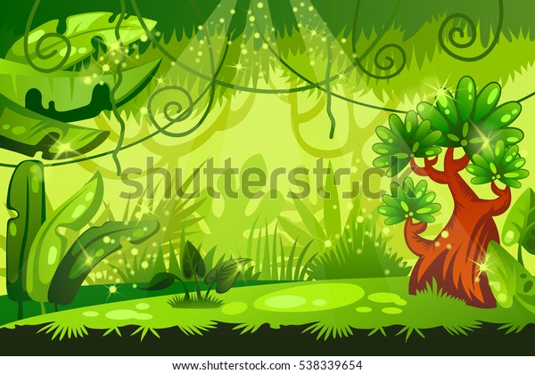 ジャングルの背景に漫画 熱帯の風景 ベクターイラスト のベクター画像素材 ロイヤリティフリー