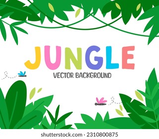 Cartoon jungle background. Tropical vector background with green leaves, palm silhouettes. Jurassic forest colorful flat style scenery template for banner, invitation, card. Wild nature illustration