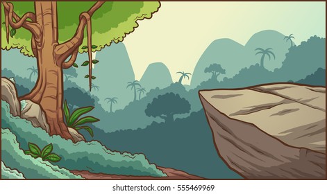 Cartoon Jungle Background. Vector Clip Art Illustration With Simple Gradients. Illustration On Separate Layers. 
