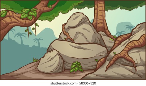 Cartoon Jungle Background. Vector Clip Art Illustration With Simple Gradients. Some Elements On Separate Layers.