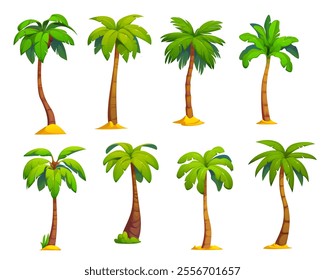 Cartoon jungle coconut and banana palm trees, vector plants of tropical island beach, rainforest and jungle forest. Areca, fan, windmill and bottle palm trees with brown wood trunks and green leaves