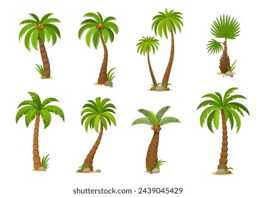 Cartoon jungle coconut palm trees. Vivid vector set featuring isolated jungle plants with lush fronds, capturing the essence of tropical beauty. Vibrant exotic flora, 2d game assets or gui elements svg