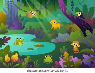 Cartoon jungle with cute animals. Bright vector rainforest landscape for kids with flora and fauna.