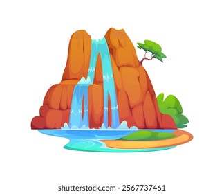 Cartoon jungle forest waterfall, water cascade. Park or garden stream scene computer videogame asset. Mountain river isolated vector game element or jungle forest water creek cascade arcade background