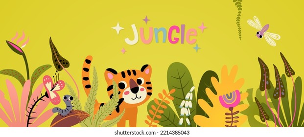 Cartoon jungle horizontal banner with cute baby lion, giraffe, parrot wildlife. Bright Vibrant color. Tropical leaves, plants and flowers