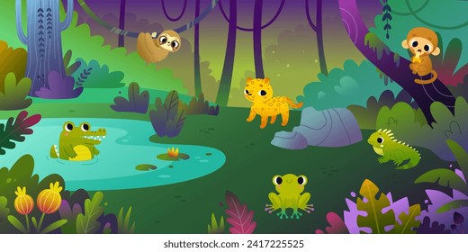 Cartoon jungle landscape with cute animals. Bright vector rainforest background for kids with flora and fauna.