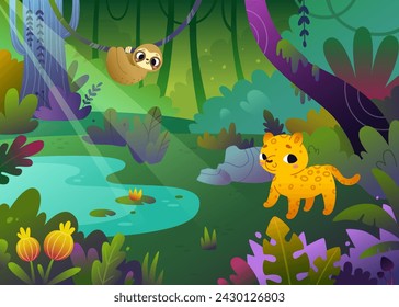 Cartoon jungle landscape with cute  baby animals. Bright vector rainforest background with jaguar and sloth.