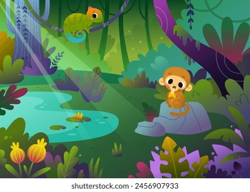 Cartoon jungle landscape with cute baby animals. Bright vector rainforest background with funny animals.