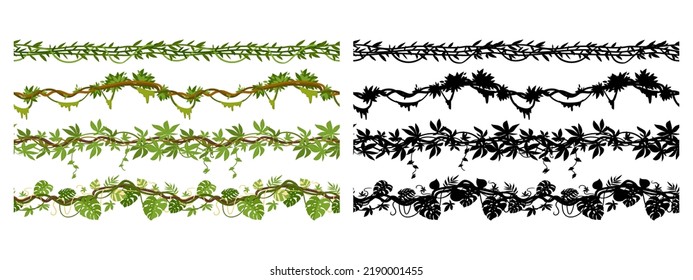 Ramas de liana de la jungla de dibujos animados, lianas colgantes divisores sin costura. Plantas tropicales de liana verde con flores y follaje plano de ilustración vectorial. Silhouettes de lianas de selva selvática