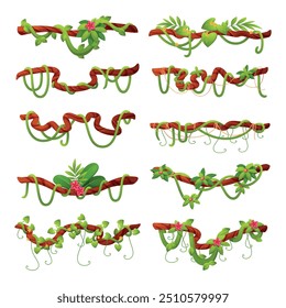 Lianas de la jungla de dibujos animados. Plantas trepadoras exóticas con flores, enredaderas colgando ramas, subgrupos curvos tropicales, Elementos de ubicación de juego, hiedra botánica Vector natural aislado conjunto