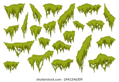 Cartoon jungle moss different shapes. Green swamp moss, forest hanging and creeping lichen. Rainy forest flora set. Marsh plants for computer games isolated on white