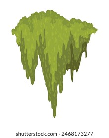 Cartoon jungle moss shape. Green swamp moss, forest hanging and creeping lichen. Rainy forest flora. Marsh plant for computer games isolated on white. Flat vector illustration